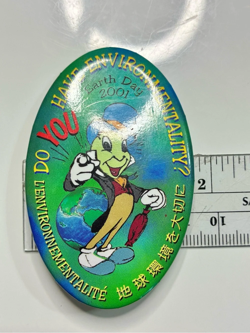 Earth Day 2001 Jiminy Cricket International Environmental Button - Green Blue